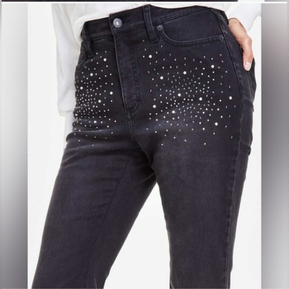 INC INTERNATIONAL CONCEPTS black High Rise Rhinestone Studded Flare Jeans size 2 - Picture 3 of 7